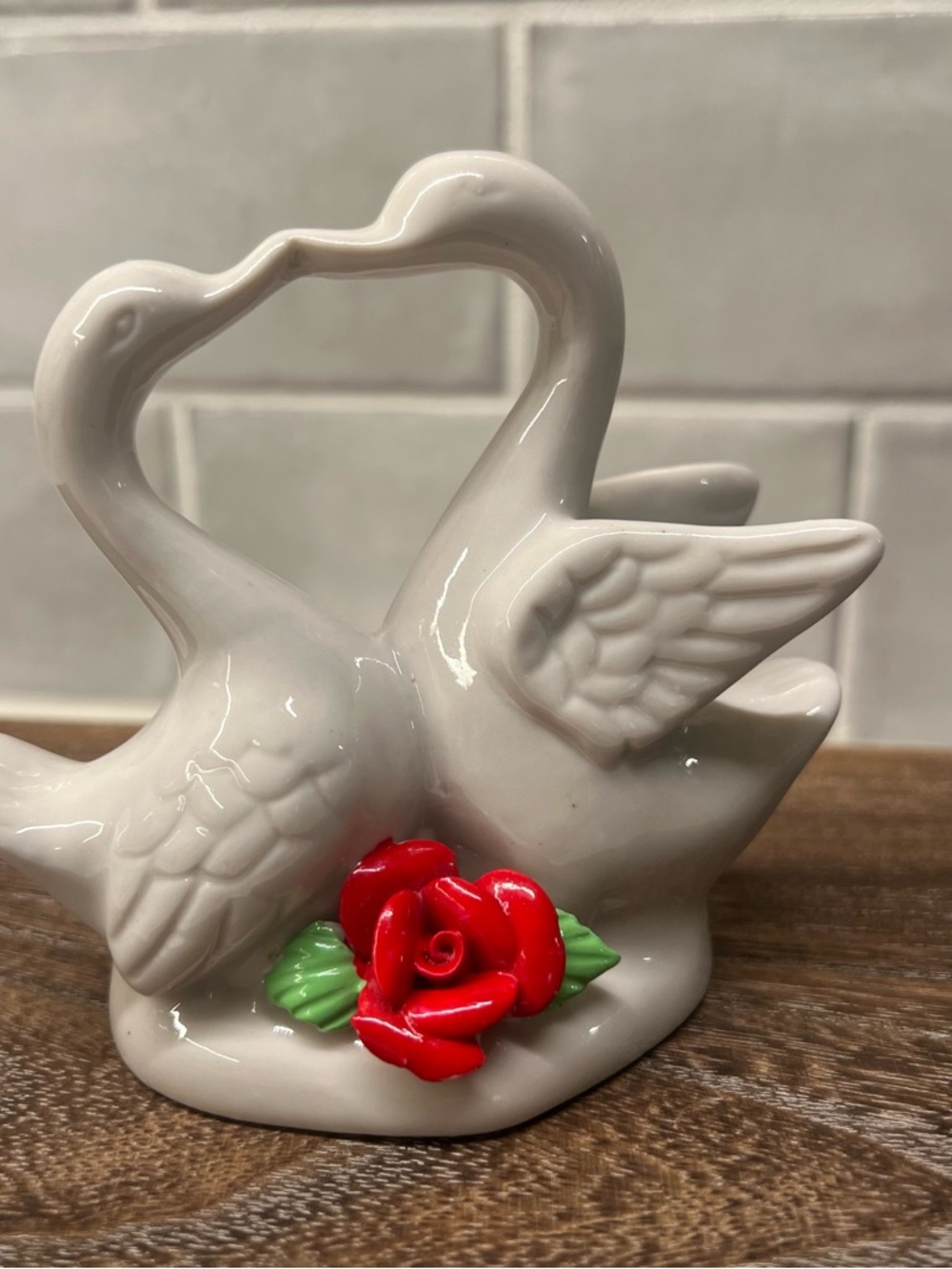 White Ceramic Swans with Red Rose Accent